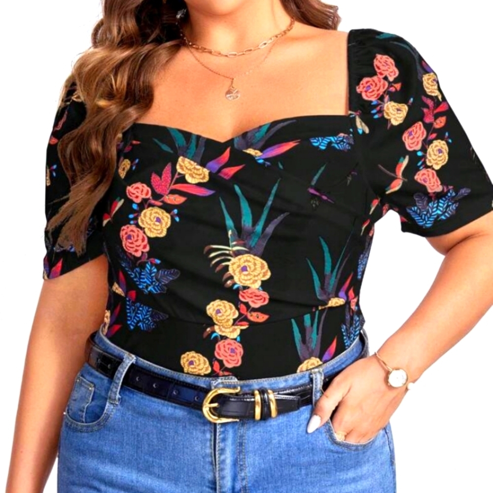 Floral Black Blouse with Multicolor Design Sz 3X